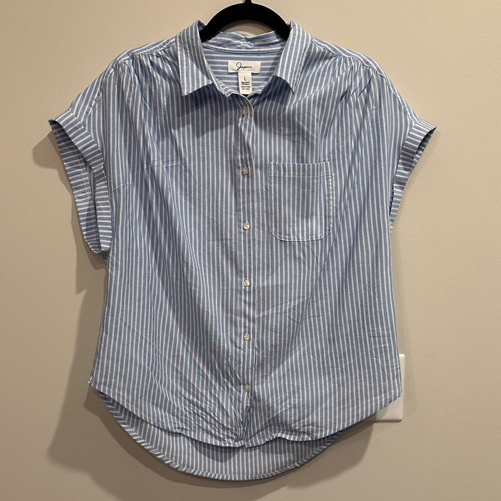 Japna Women's Blue and White Striped Button Down Shirt